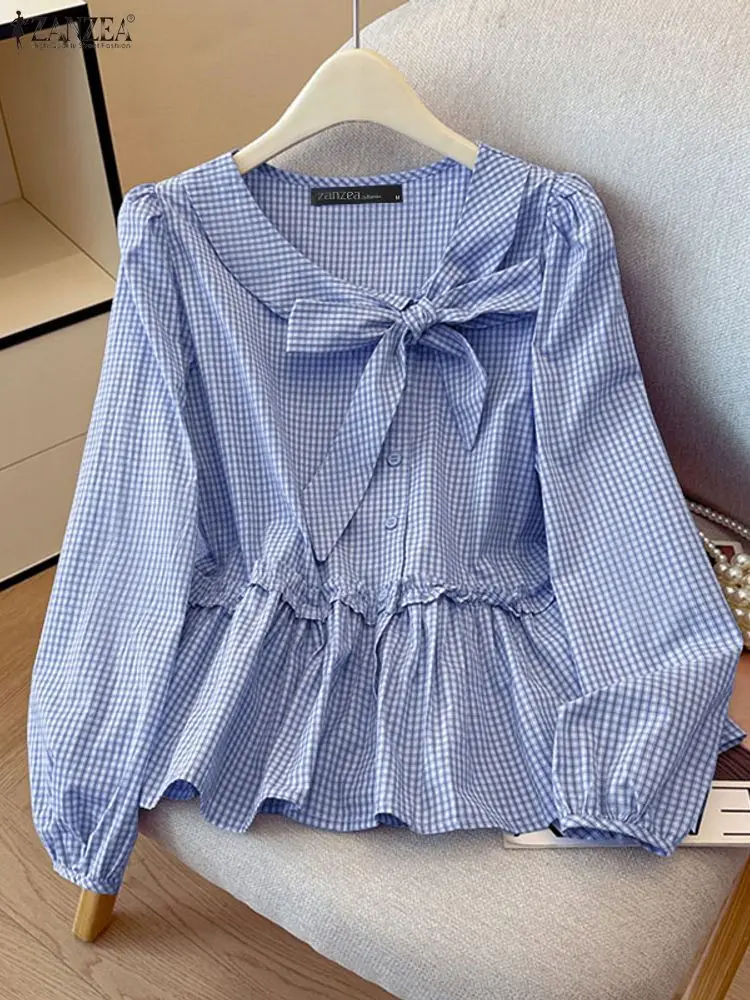 Zanzea feminino elegante laço pescoço gingham camisas sweety babados guarnição manga longa puff peplum topos outono 2025 novas blusas femininas