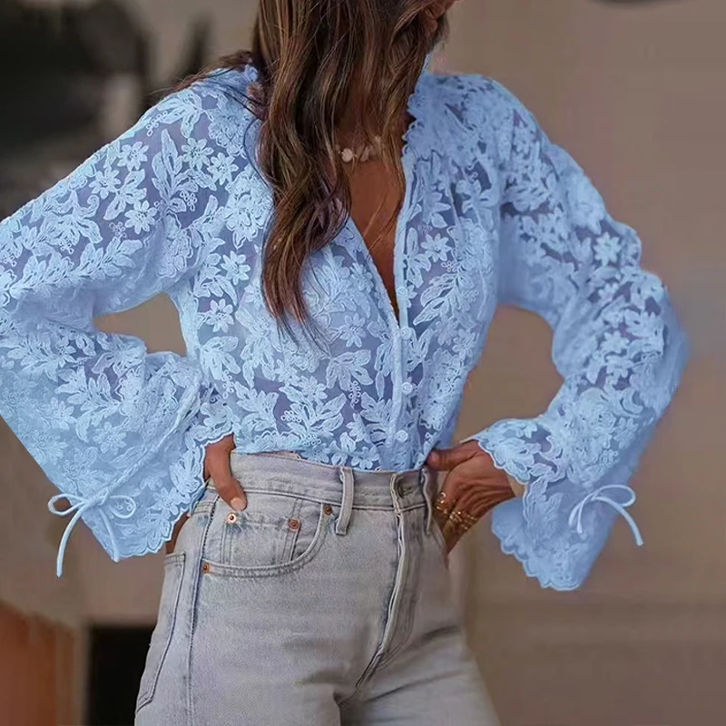 BKLD 2026 New Style Spring Hollow Casual Lace Shirt Artistic Elegant Long Sleeve Lace-up Fashion Women's Perspective Floral Tops