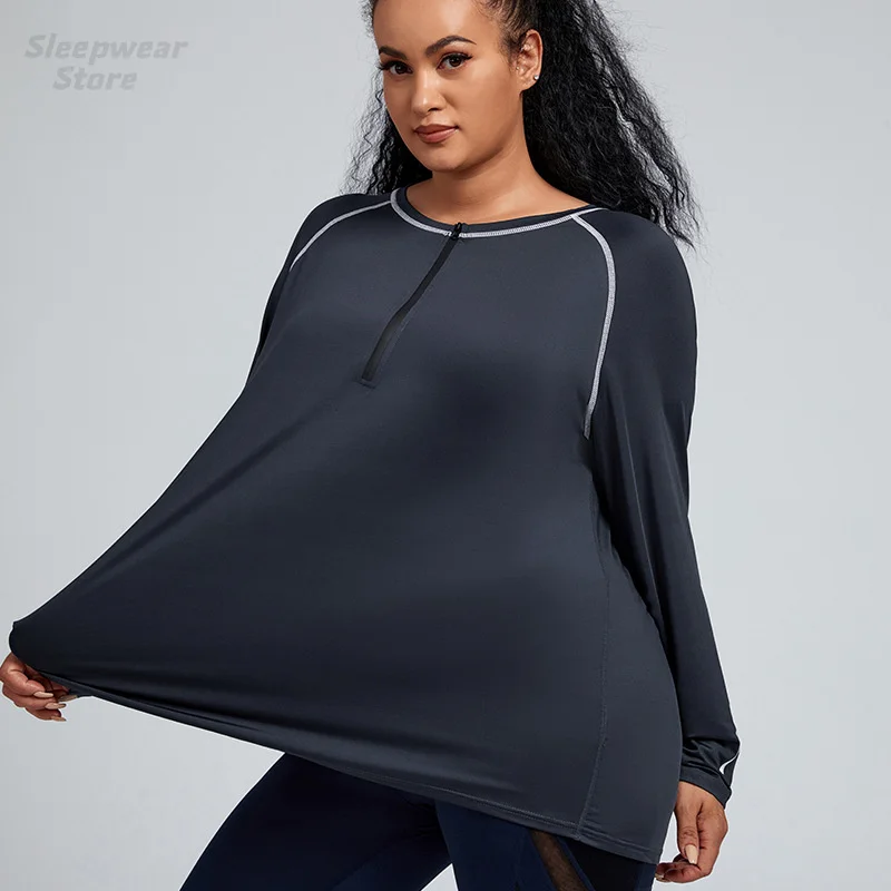 

Solid Color Sports Top Long Sleeve T-Shirts Women Stretch Sweatshirt Ladies Half-Zipper Spring Workout Tops 4Xl Yoga Wear
