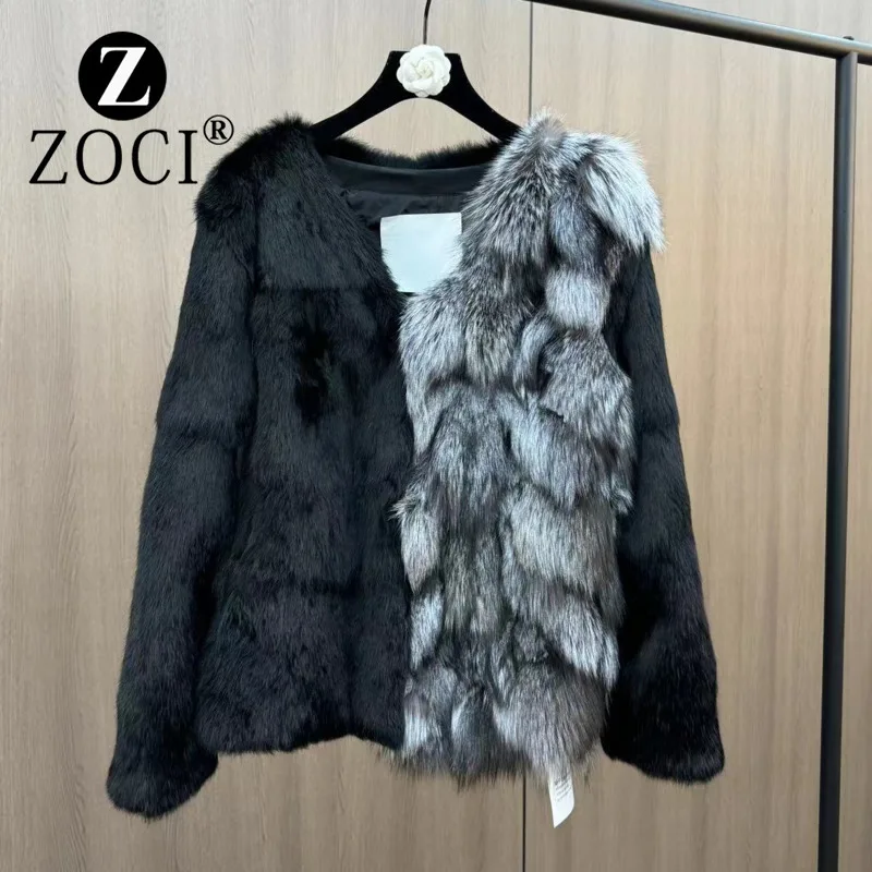 [ZOCI] Winter New V-neck Long Sleeved Real Rabbit Patchwork Style Suit Version Fur Jacket