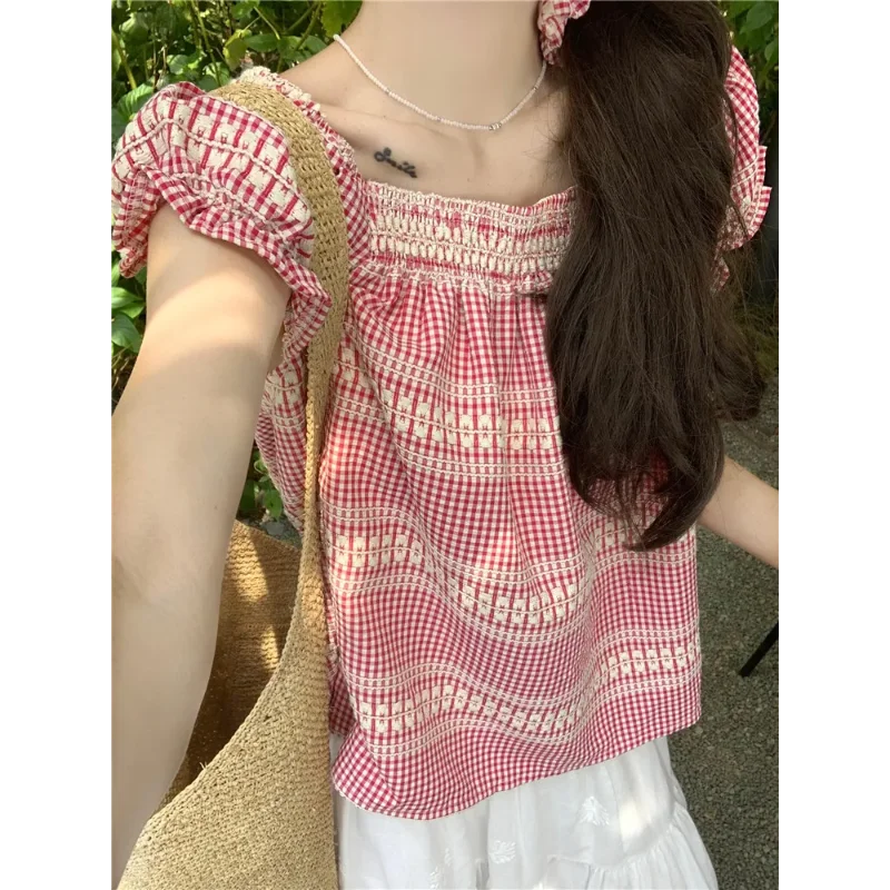 

Women's New Spliced pullover Round Neck Plaid Fashion Loose and Versatile Casual Short-sleeved Shirts