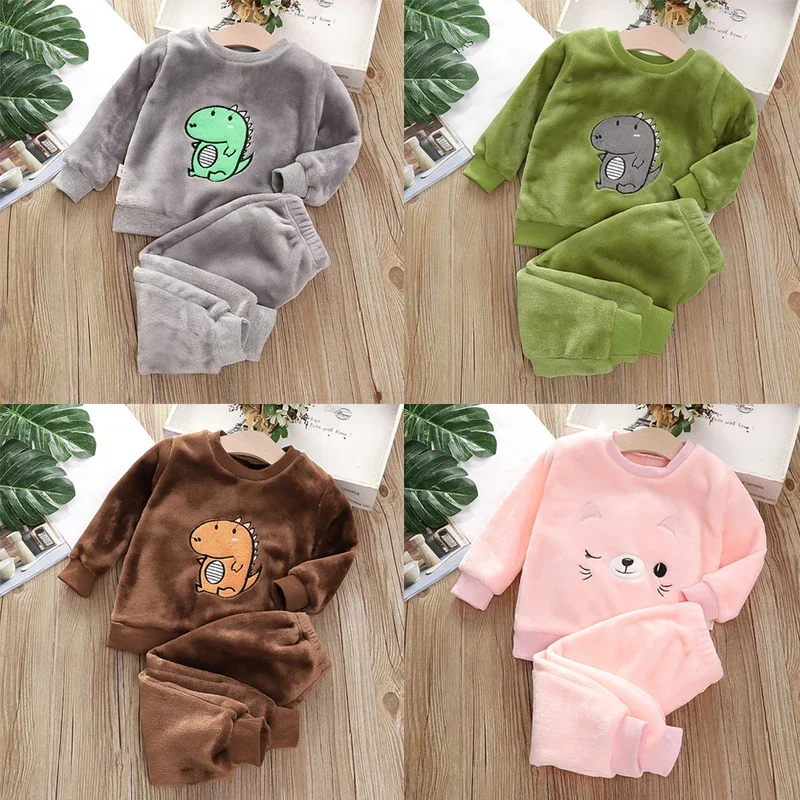 Baby boy warm duosuar clothing set Winter cartoon pigiama outfit for girls pleuche maglione pantaloni 2PCs kids suit 1-6y