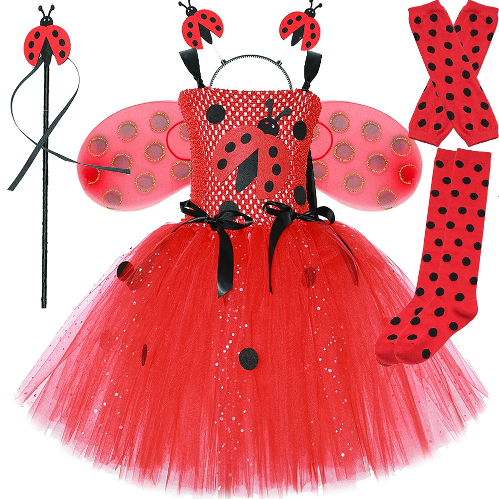Fairy Lady Beetle Costume for Girls Red Dots Insect Tutu Dress Kids Halloween Carnival Outfit with Wings Headband Wand Socks