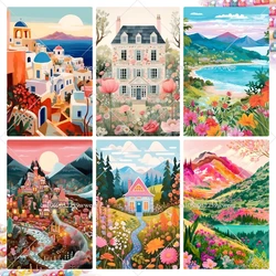 Art Fantasy Diamond Painting Countryside Landscape For Handicrafts Mosaic Art Wall Decors Mountain Floral Lake Print Mosaic Art