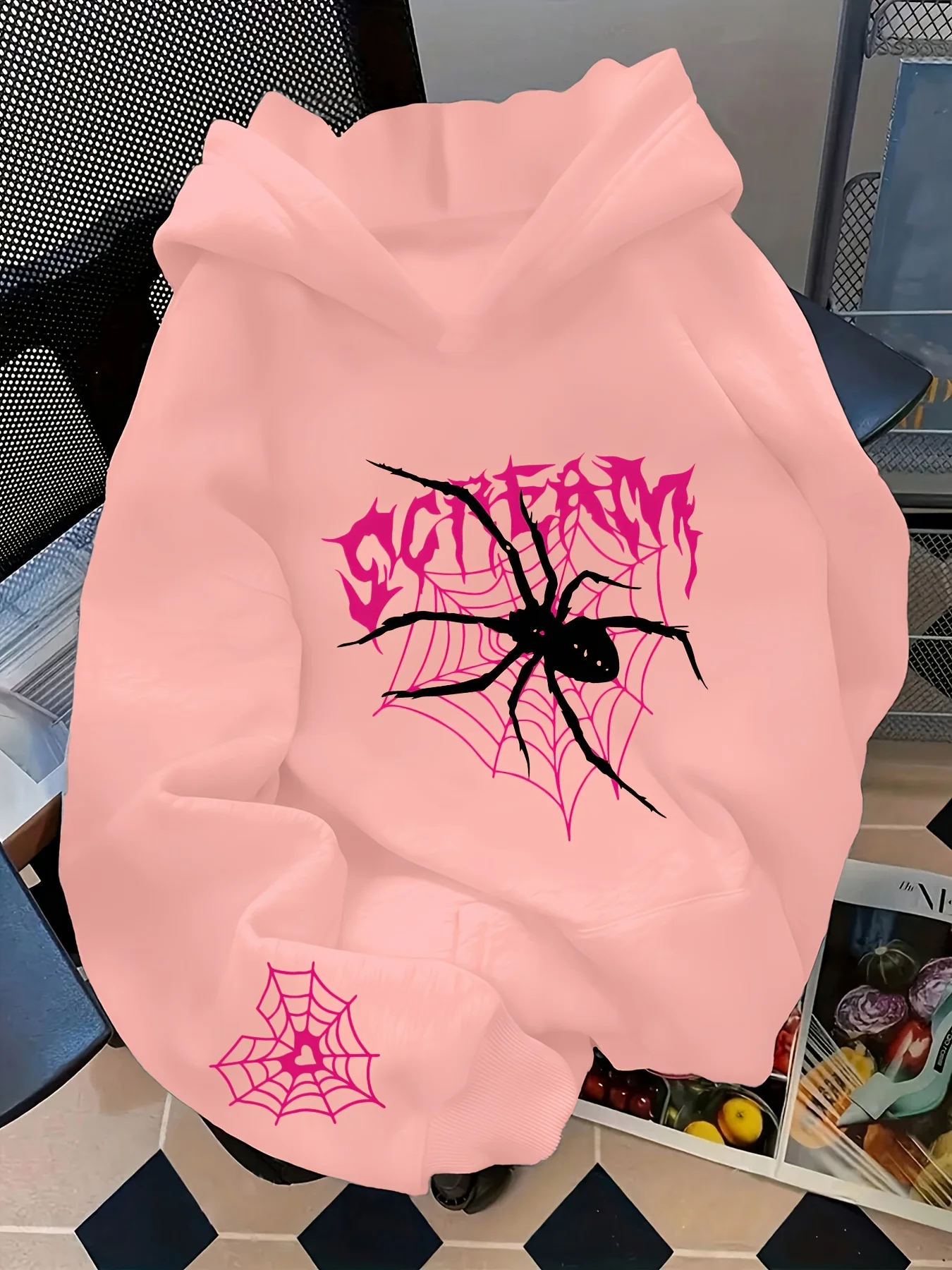 Fall Casual gothic Style Spider Web Print Hooded Sweatshirt for Men - Y2K Street Style Hip-Hop Long-Sleeved Pullover Hoodie