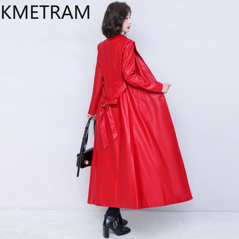 KMETRAM-Chaqueta de piel de oveja auténtica para mujer, abrigo largo hasta la rodilla, ajustado, talla grande, primavera y otoño, 2024