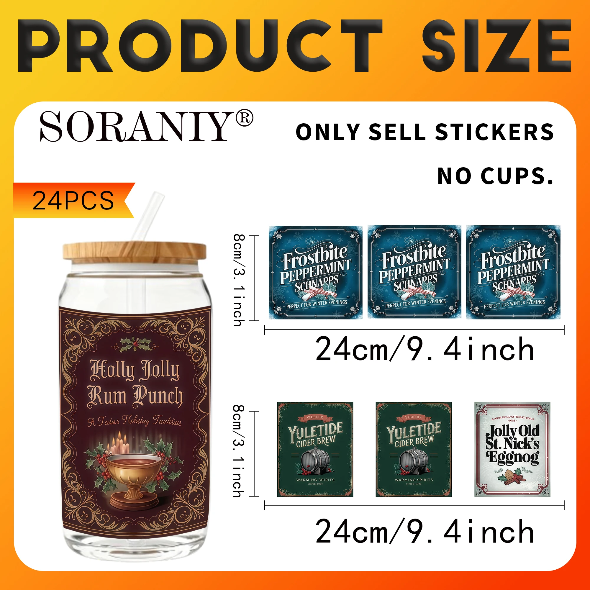 UV DTF Cup Stickers - 24Pcs/Set Vintage Holiday Liquor Label Waterproof 16Oz Glass Jar DIY Transfer Decal, High Viscosity Easy U