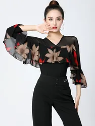 Dance Apparel Gitba Square Dance Modern Dance Top V-neck Women's Patchwork Medium Sleeve Shape Adult Latin Dance Dress