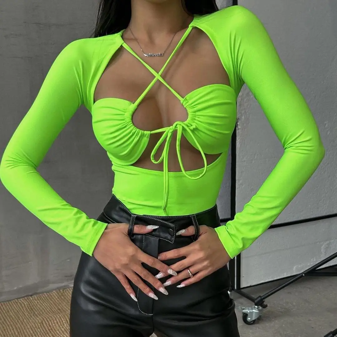 

Sexy Summer 2023 Women's Long Sleeve Bodysuit Hollow out Strap Design Slimming Color High Waist Pants for Trendy Girls