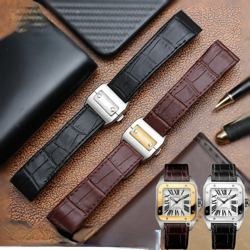 Genuine Leather Watchband for Cartier Santos 100 Watch Band Men Women Santos Glue Head Belt Folding Watch Strap 23mm