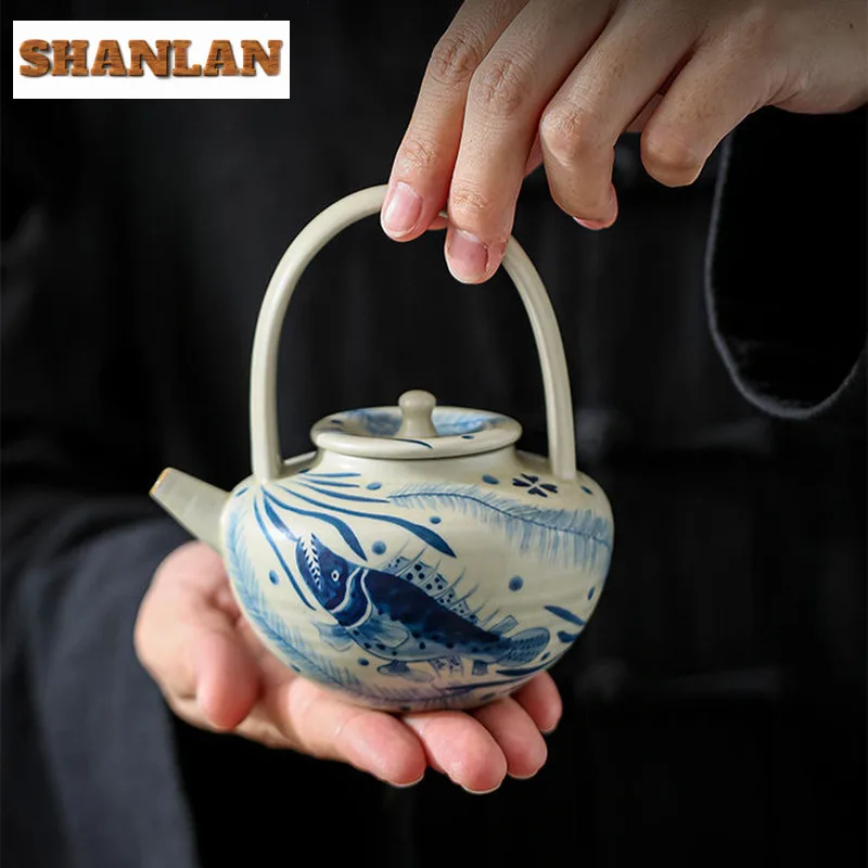 160ml Antique Ru Kiln Loop-handled Teapot Hand-painted Fish Algae Pattern Pot Creative Pot Tea Maker Kettle Tableware Craft Gift