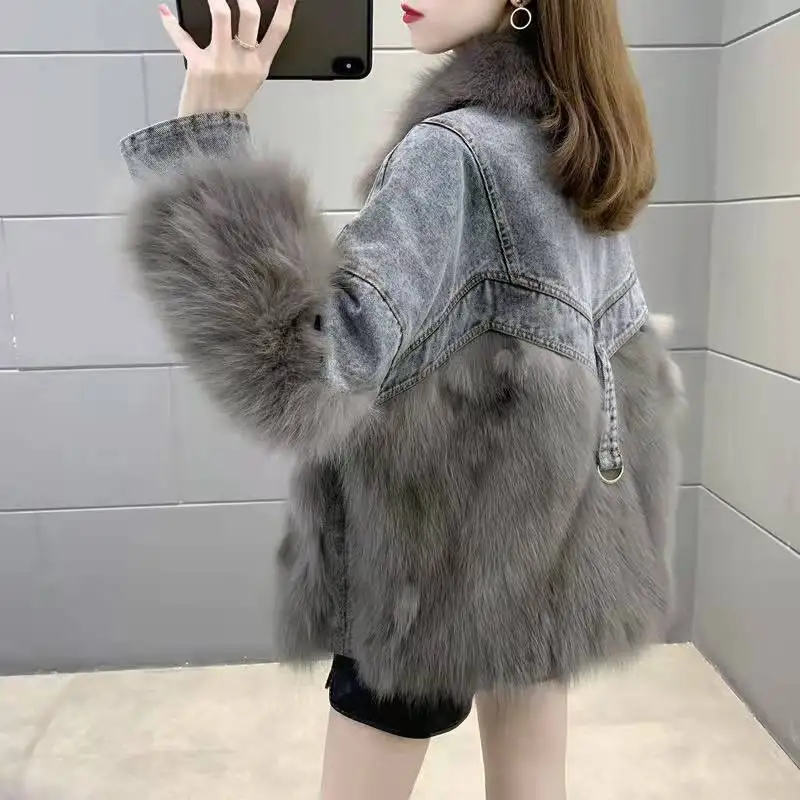 2024 Fur Coat High-end Denim Fur Korean Version Overcoming Casual Cotton Denim Coat Fashion Winter Stitching Down Jacket Y129