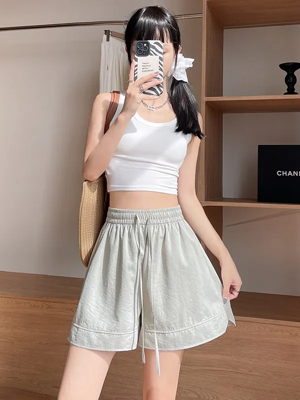 High Waist Wide Leg Short Pants Women's Summer Sports Five-Point Loose Casual Ice Silk Thin Pants Polyester Fiber Quick Dry