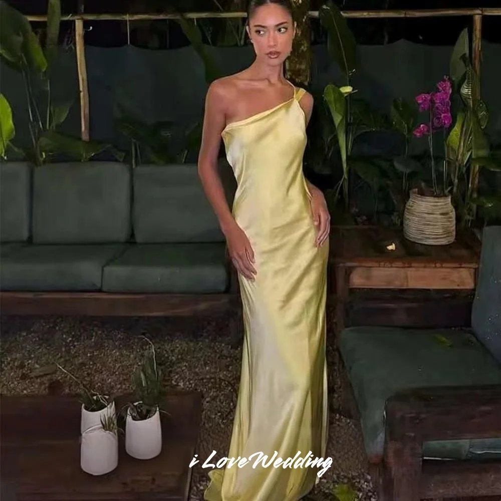 

Yellow One Shoulder Prom Dresses 2025 Satin Sleeveless Pleated Mermaid Floor-Length Evening Dress Wedding Party Dress Customized