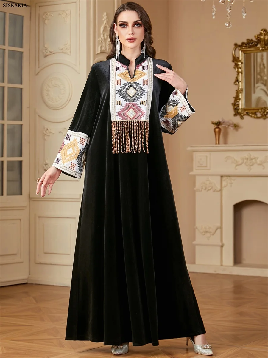 Siskakia Ramadan Muslim Notched Stand Collar Tassel Long Dresses For Women  Loose Elegant Kebaya Patchwork Sleeve Abayas