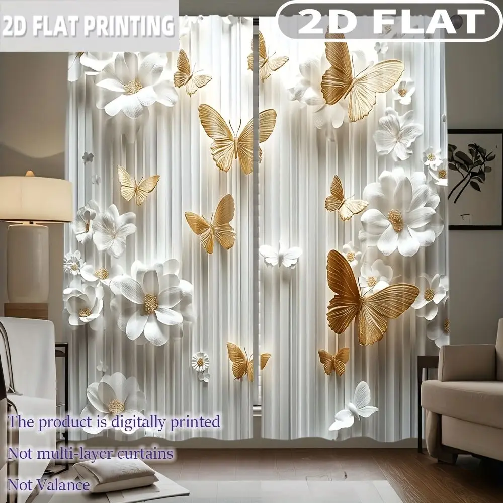 

2pcs Curtains Butterfly Flower White Gold Pattern for Balcony, Bedroom, Study, Living Room, for Spring & Summer Machine Washable