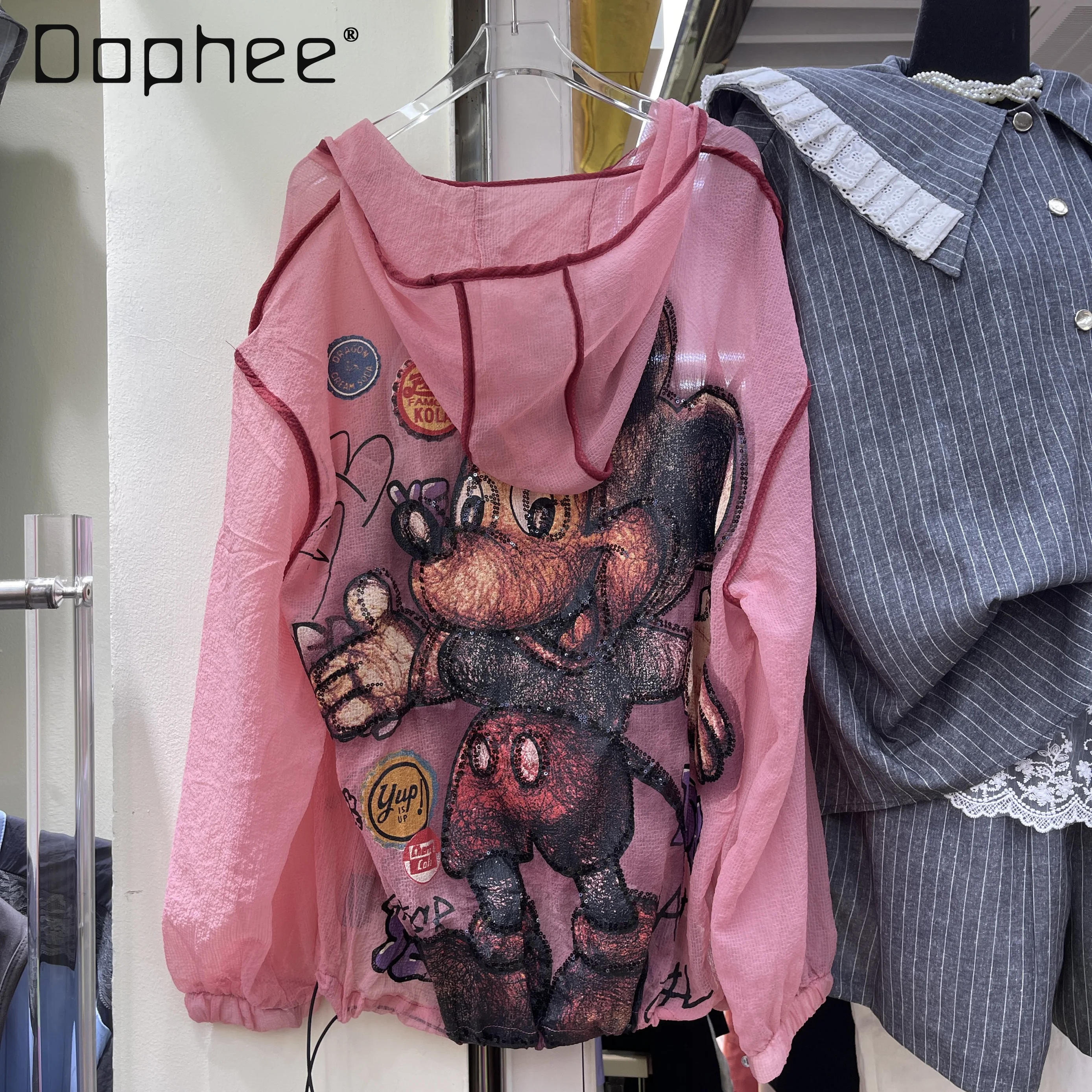 

European large version hooded top 2025 summer loose medium length pullover color matching cartoon printed sequin sunscreen top