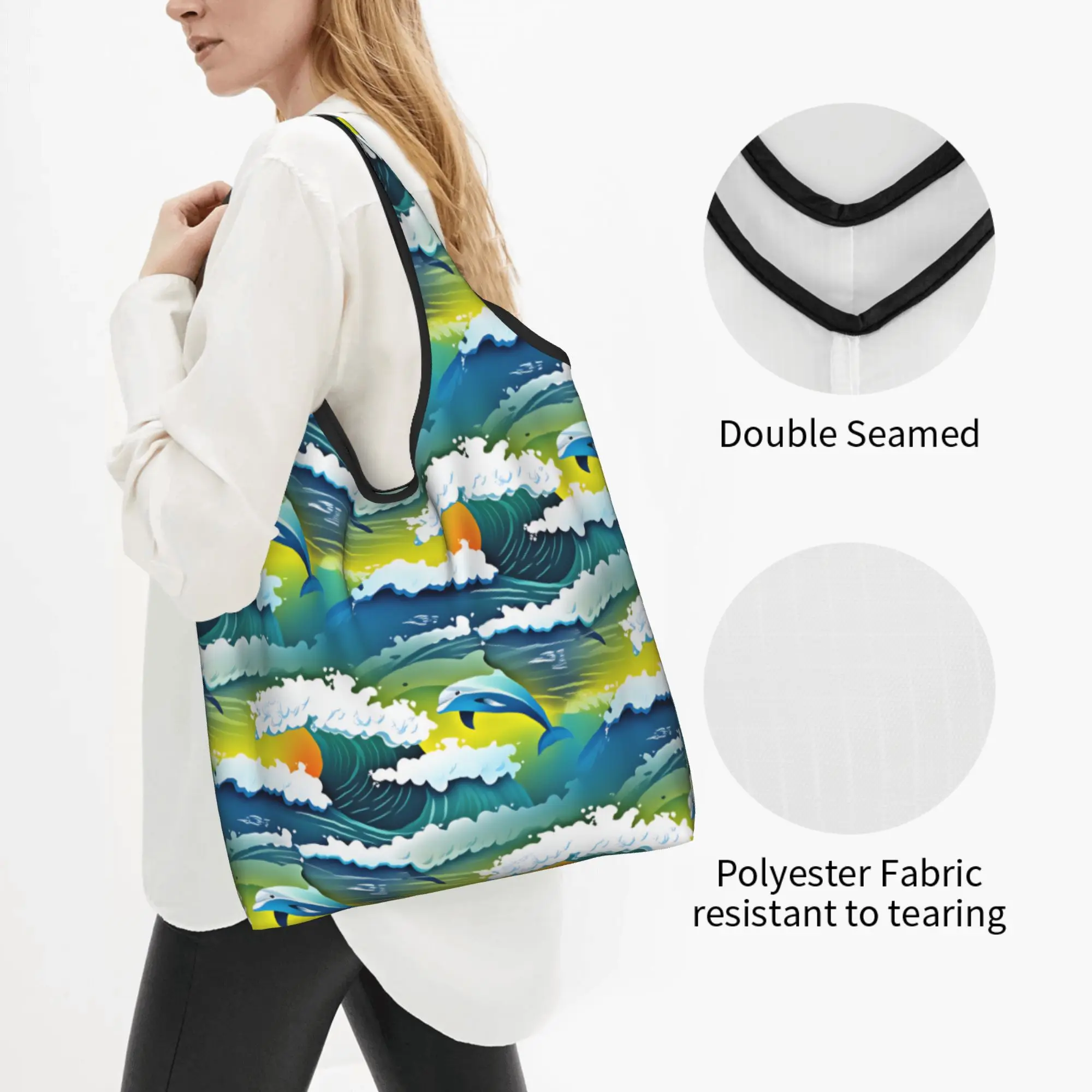 Funny Colourful Creative Dolphins Grocery Shopping Bags Funny Shopper Tote Shoulder Bags Big Capacity Portable  Handbag