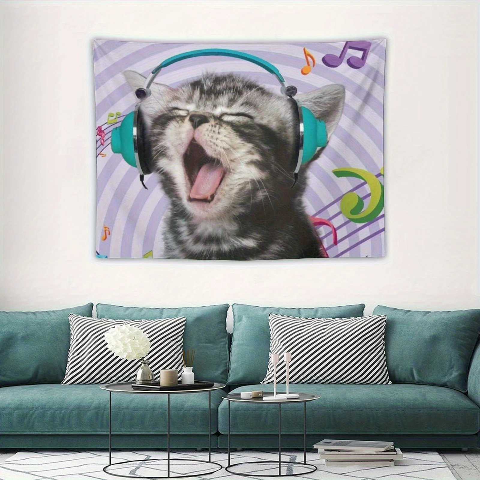 Whimsical Cat  Listening to Headphones Kitten Design Tapestry Room Decoration Home Decor Bedroom Wall Hanging Fabric