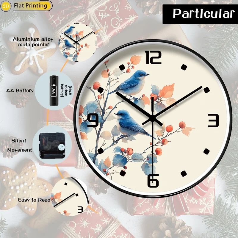 قطعة واحدة من الطيور الحديثة على فروع التوت ساعة حائط صامتة اختيار رائع لهدايا عيد الميلاد للعام الجديد