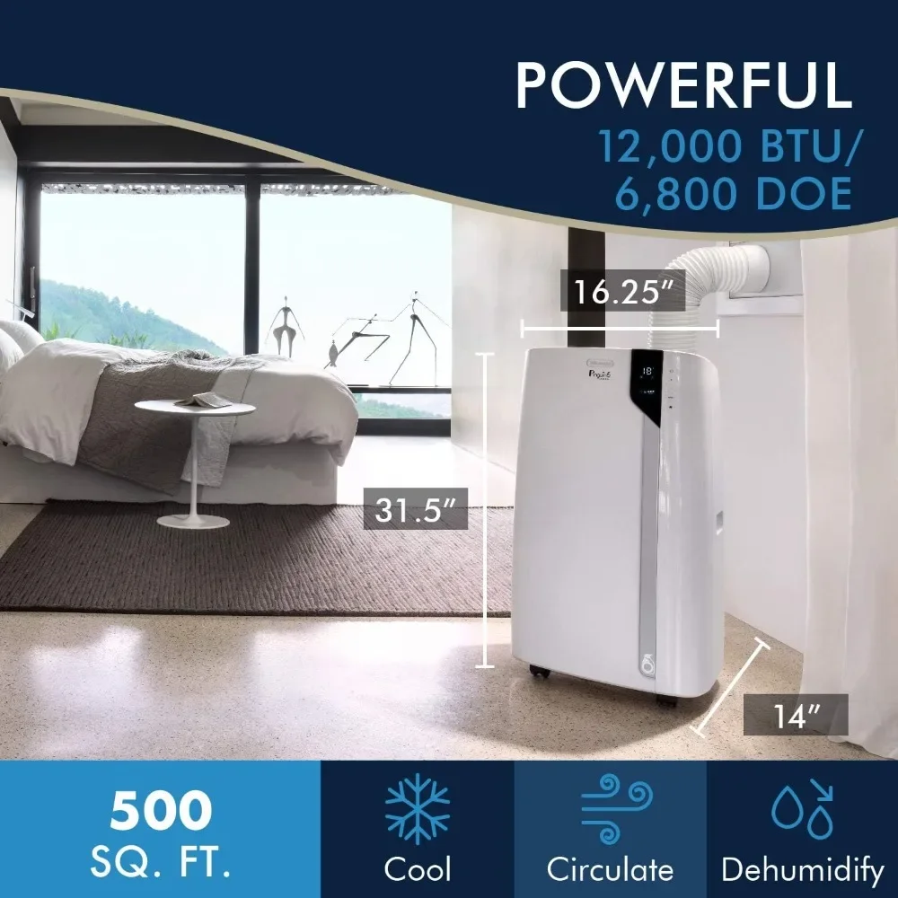 Aire acondicionado portátil blanco con 6800 BTU de potencia de refrigeración, Control remoto, deshumidificador y diseño portátil