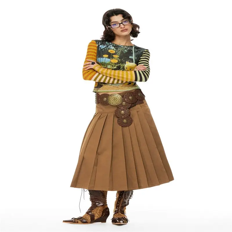 ديبتاون Y2K الكرتون Juminocore التباين اللون مخطط المرأة تي شيرت Kawaii طويلة الأكمام اليابانية 2000s نمط تيز سليم الشباب #4