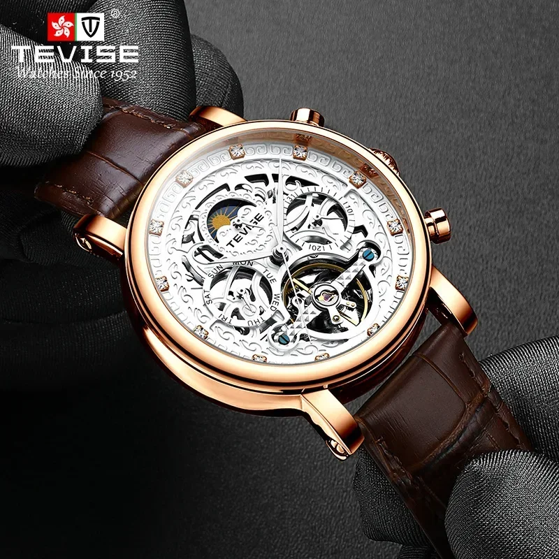 Business Diamond Day and Night Stars Hollow Tourbillon Automatic Mechanical Watch Man Double Calendar Waterproof Sports Watch