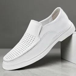 Summer New Perforated Mens Wedding Leather Shoes White Genuine Leather Luxury Brand Loafers Shoes Business Formal Casual Shoes