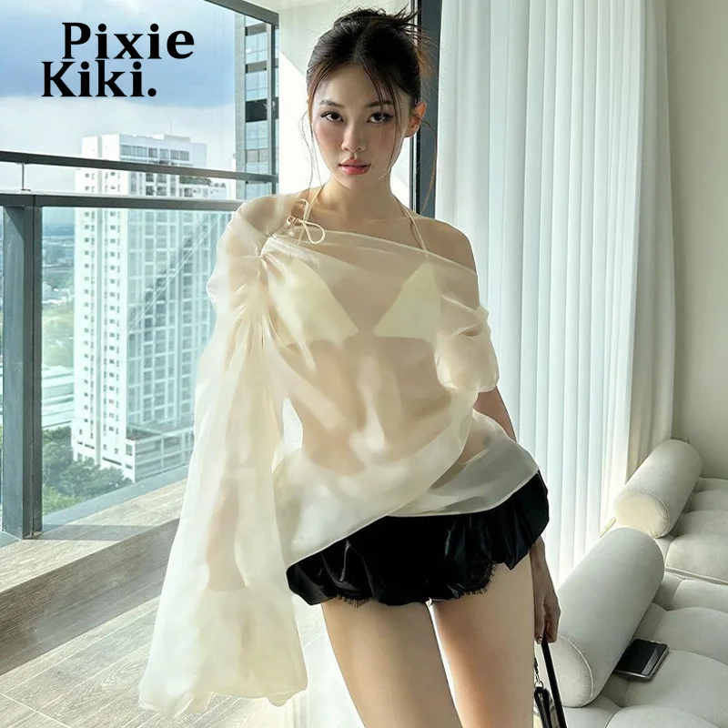 PixieKiki Transparent Asymmetrical Tops One Shoulder Lantern Sleeve Loose Shirts & Blouses Women Clothing P16-BF10