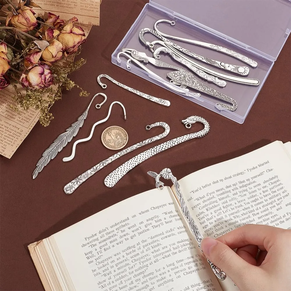 14pcs 14 Styles Tibetan Style Alloy Bookmarks Findings Antique Silver DIY Vintage Bookmark Unique Carved Hook Pendant Charm Book