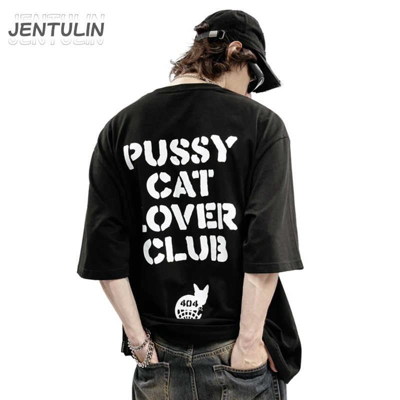 Harajuku Men Tshirt Pussy Cat Lover Print Streetwear Graphic Short Sleeve Korean Fashion Top Casual Oversize Clothing Cotton Y2k