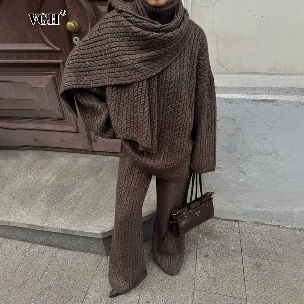 

VGH Casual Three Piece Set for Women Turtleneck Long Sleeve Loose Sweater with Scarf High Waist Flare Pants Autumn Outfit Female