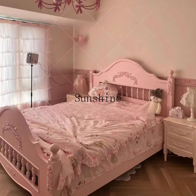 

French court solid wood light luxury bedroom pink princess single bed simple and modern