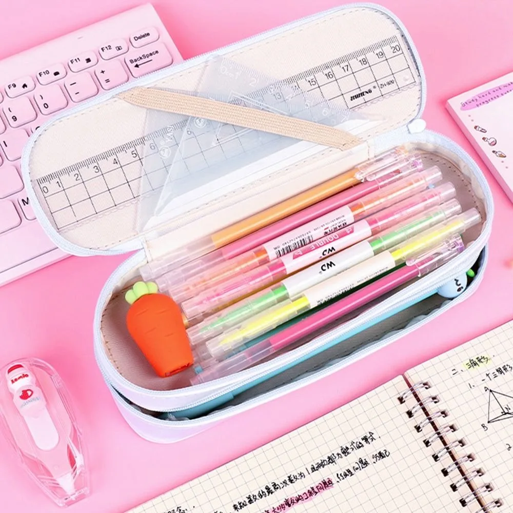 Estuche para lápices de doble capa Ins, bolsa para bolígrafos impermeable con diseño de dibujos animados, bolsa de papelería portátil de gran capacidad, suministros para estudiantes