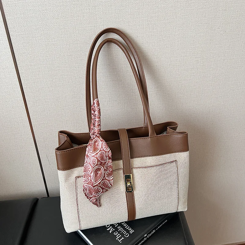 Women's Trendy Large Capacity Underarm Tote Bag - Premium Quality Versatile Design with Silk Scarf Detail for Commuters