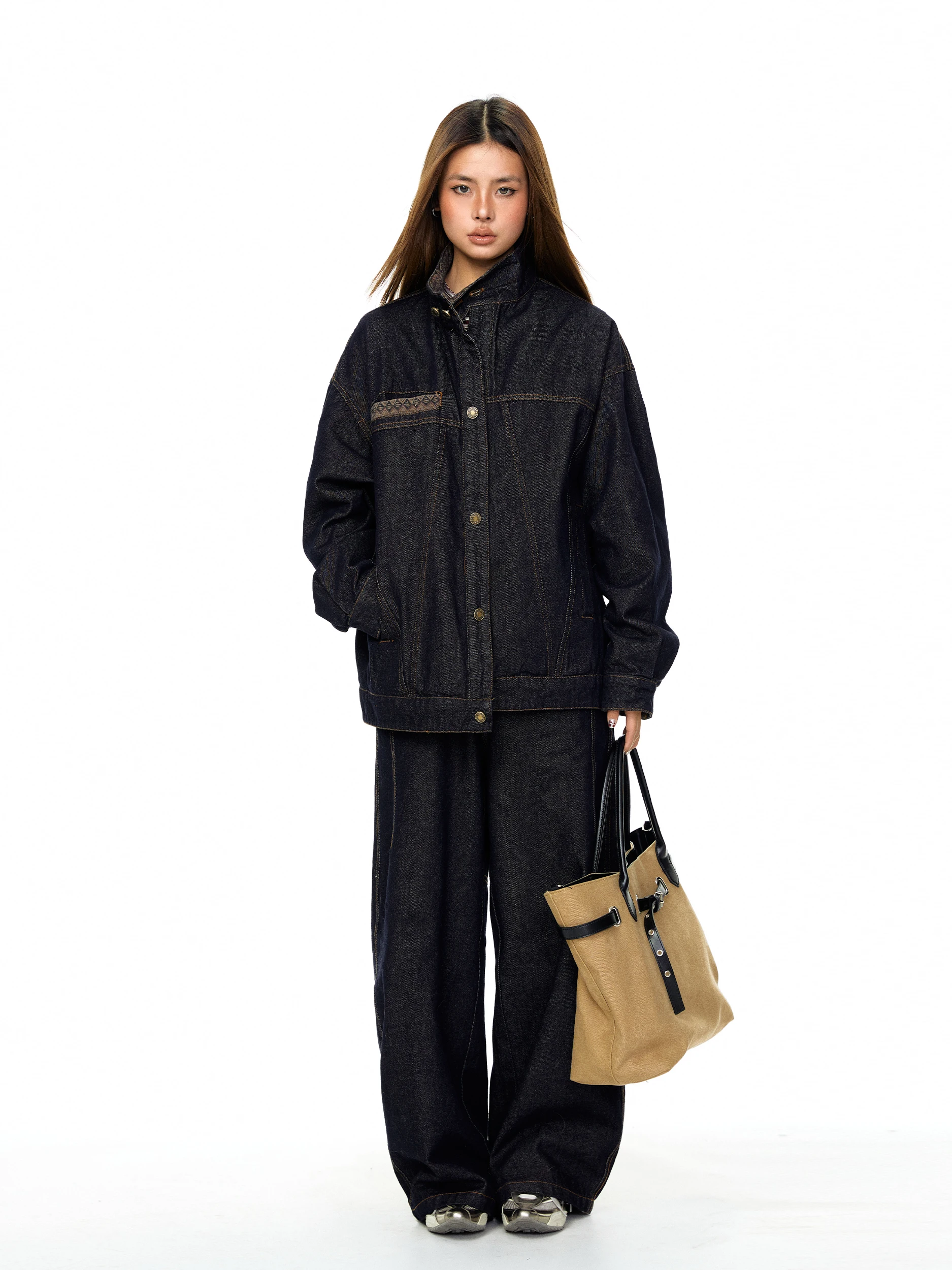 Blackbb Washed Denim Jacket And Loose Knife Pants Set Casual Workwear Style Patchwork Design Spring Autumn American Trendy Brand