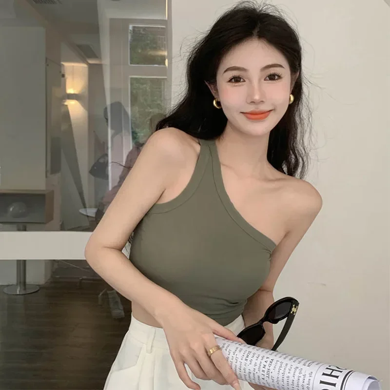 يميل الكتف حبال سترة مثير فتاة 2025 الصيف مفتوحة السرة اقتصاص قصيرة وسادة الصدر أعلى غير النظامية الظهر الأشرطة سترة HSJ630