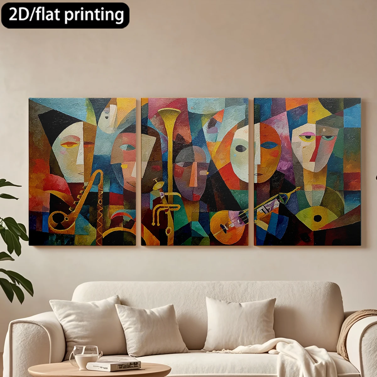 

2D плоская печать, набор из 3 картин на холсте в деревянных рамах, декоративная живопись в кубистическом стиле с изображением музыкантов. Декор для коридора и спальни.