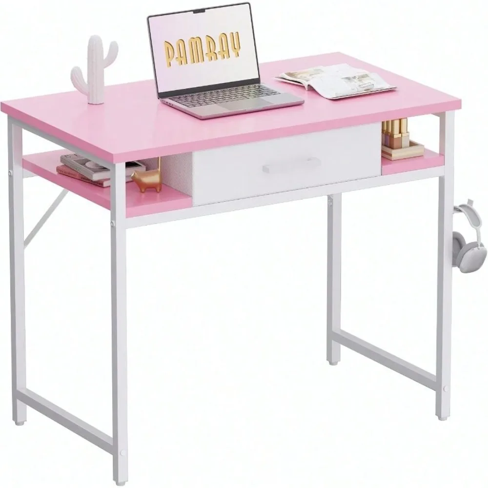 

Office Desk, Pamray 32 Inch Small Computer Desk With Drawer And Shelves Simple Study Work Table For Bedroom Pink