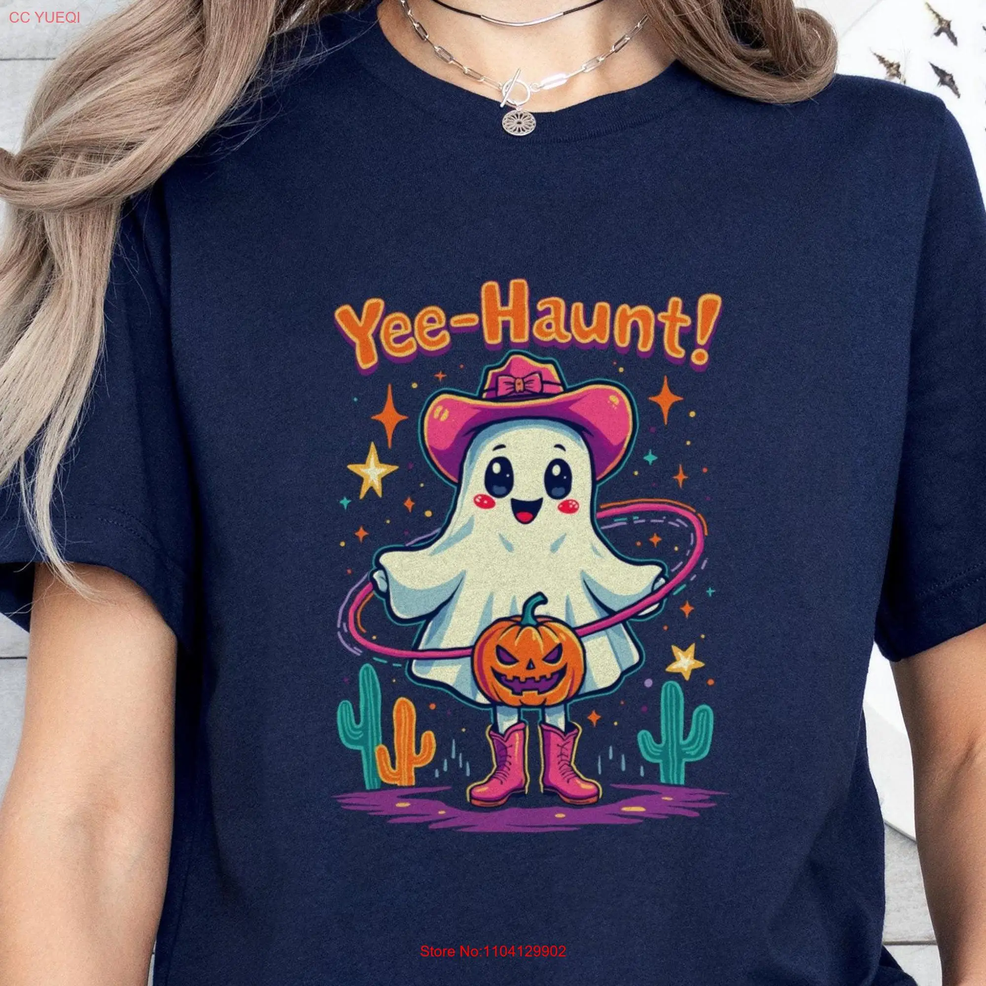 Cute Cosmic Cowgirl GhosT T Shirt Adorable Yee Haunt Fun Western Halloween Top for Lovers Trick or Treat Party