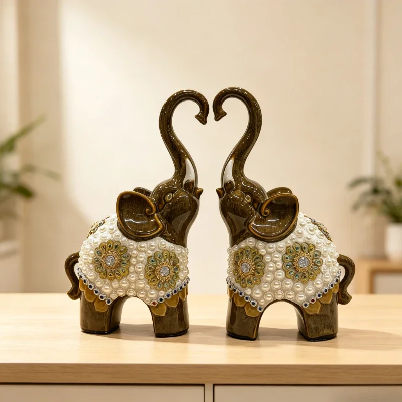Ceramic Inlaid Bead Couple Elephant Statue Auspicious Ornament for Living Room Entrance TV Cabinet Home Decor Gift