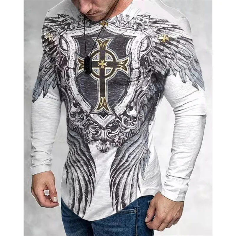 3D Printed Jesus Christianity T Shirt For Men Skeleton Pattern Tees Spring Autumn Breathable T-Shirts O-Neck Tops Long Sleeves