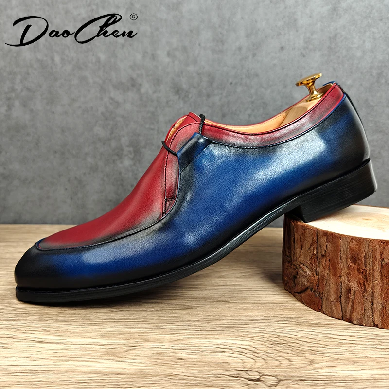 Luxury Brand Men Derby Shoes Genuine Leather Scarlet Navy Two-Tone Slip On Formal Casual Shoes Wedding Office Men\'s Dress Shoes