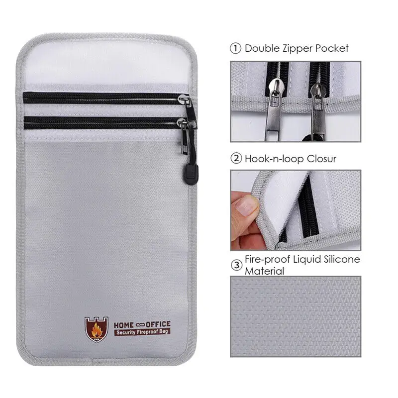 Fireproof Document Bag Zipped Document Pouch Fireproof Money Safe Bag Fire Water Resistant Dual-Pocket Safe Storage Bags