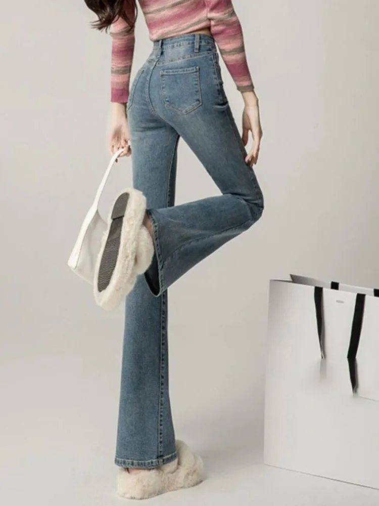 Jeans skinny svasati alla moda coreana Pantaloni casual in denim a gamba larga a vita alta da donna Primavera Autunno Nuovi Vaqueros slim vintage elasticizzati