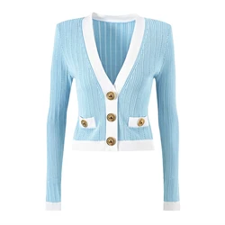 SML Three Color Elastic Knitted Fabric Fashionable And Sexy Deep V-button Striped Hollow Long Sleeved Casual Women's Cardigan