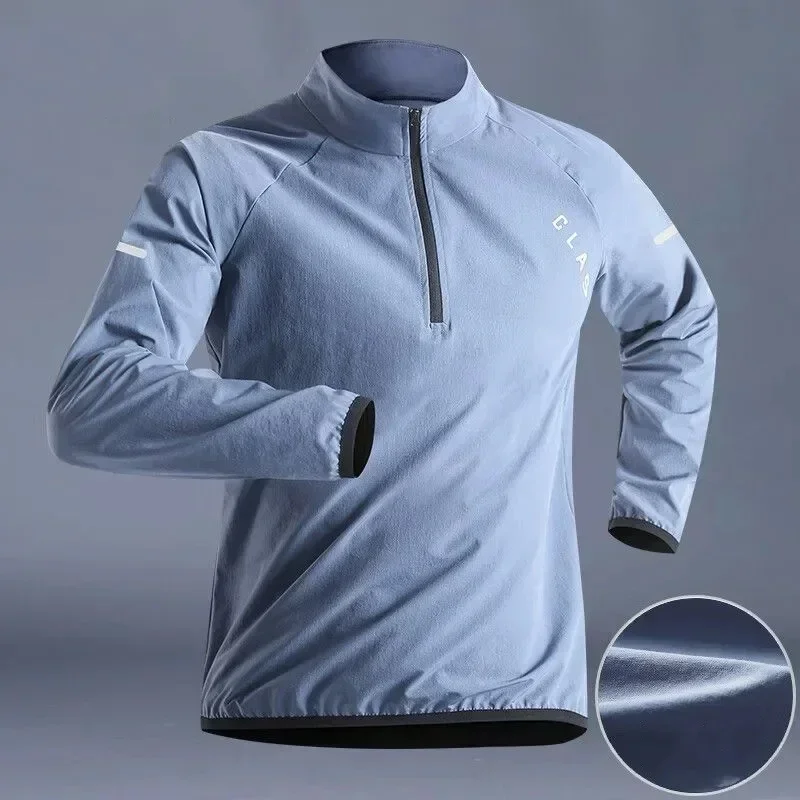 Quick Drying Clothes Men Autumn Sports T-shirt Stand Neck Loose Long Sleeved Outdoor Running Tracksuit Breathable Half Zip Top