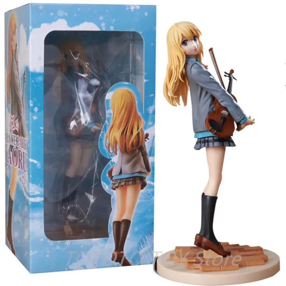 20CM Japan Anime Your Lie in April Figure Miyazono Kaori Cute School Uniform Standing Violin Girl Scene Model PVC Toys Gift Doll