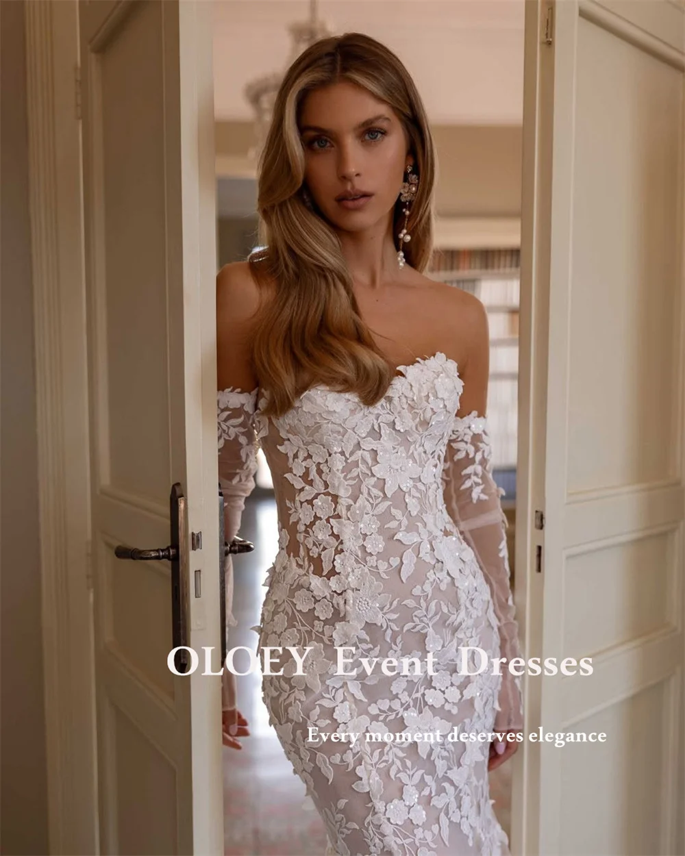 

OLOEY Luxury Sequines Lace Mermaid Wedding Dresses Floor Length Bridal Gowns With Detachable Sleeves Zipper Back Free Customized