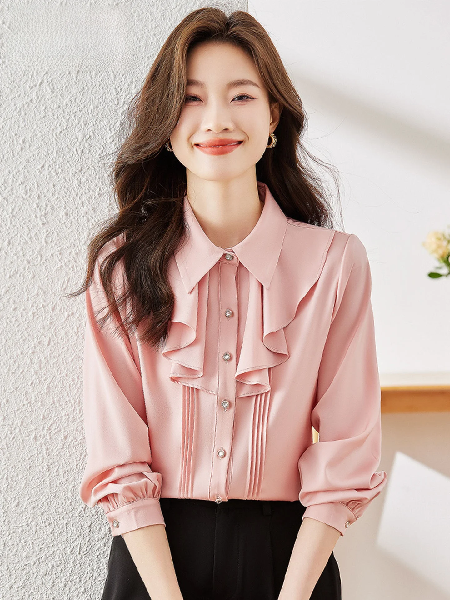 

Pink Long Sleeve Shirt Women's Fashionable Spring New Arrival Floral High-End Lightweight Age-Defying Elegant Top